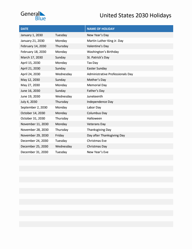 Free printable list of United States holidays for year 2030