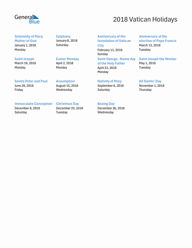 Free printable list of Vatican holidays for year 2018