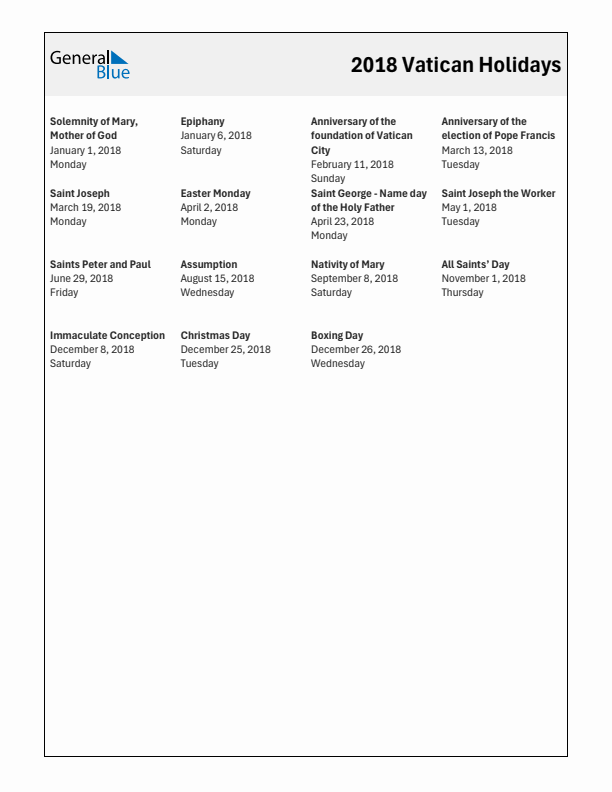 Free printable list of Vatican holidays for year 2018