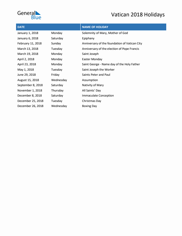 Free printable list of Vatican holidays for year 2018