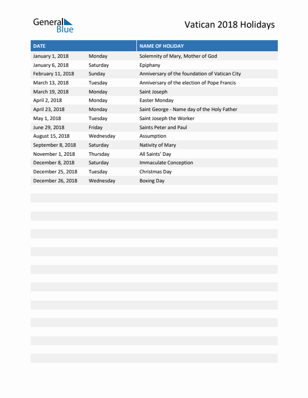 Free printable list of Vatican holidays for year 2018