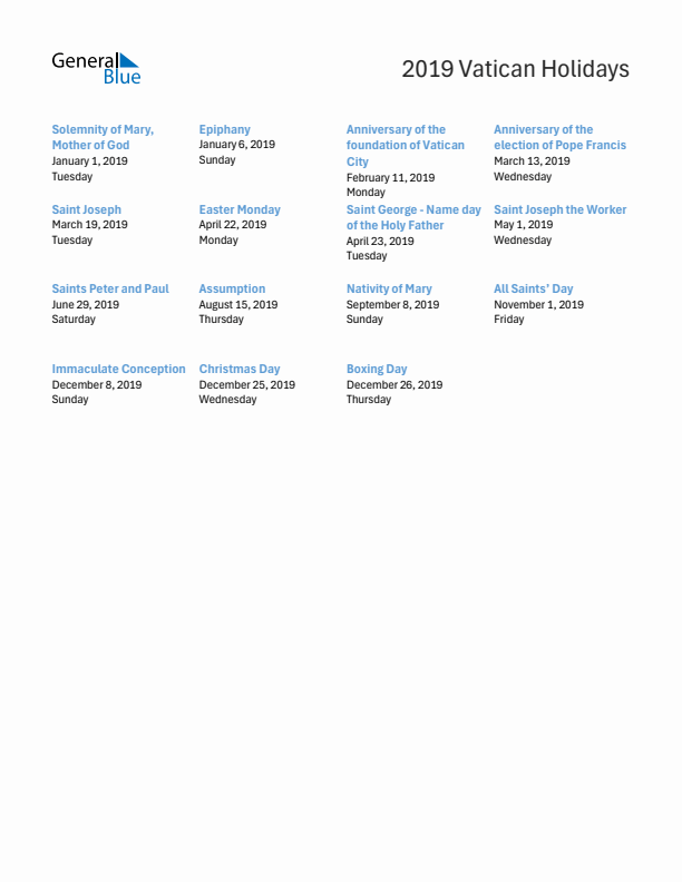 Free printable list of Vatican holidays for year 2019