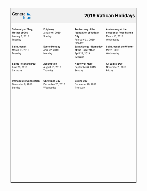 Free printable list of Vatican holidays for year 2019