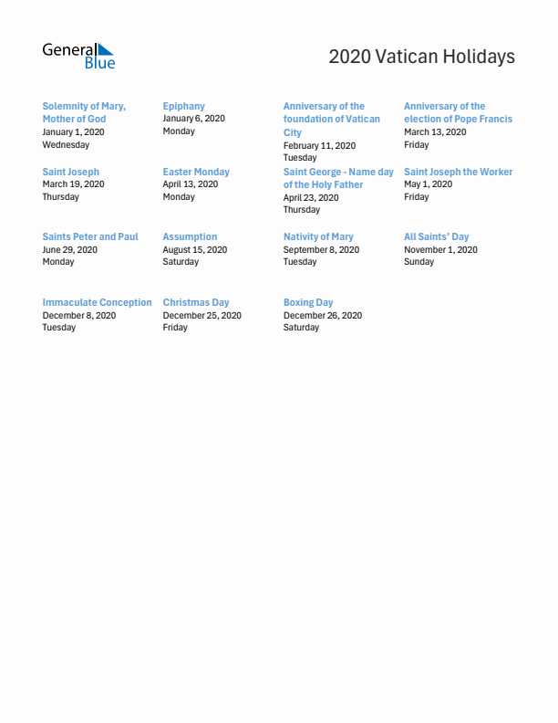 Free printable list of Vatican holidays for year 2020