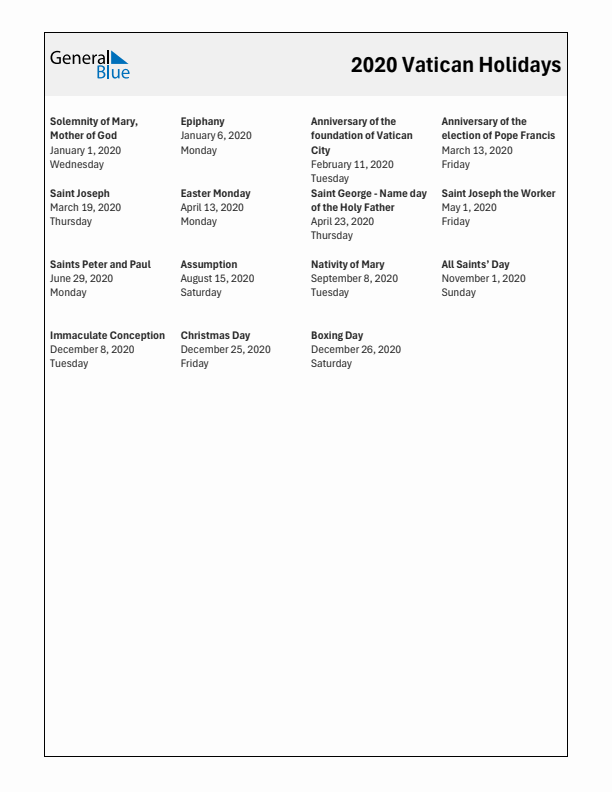 Free printable list of Vatican holidays for year 2020