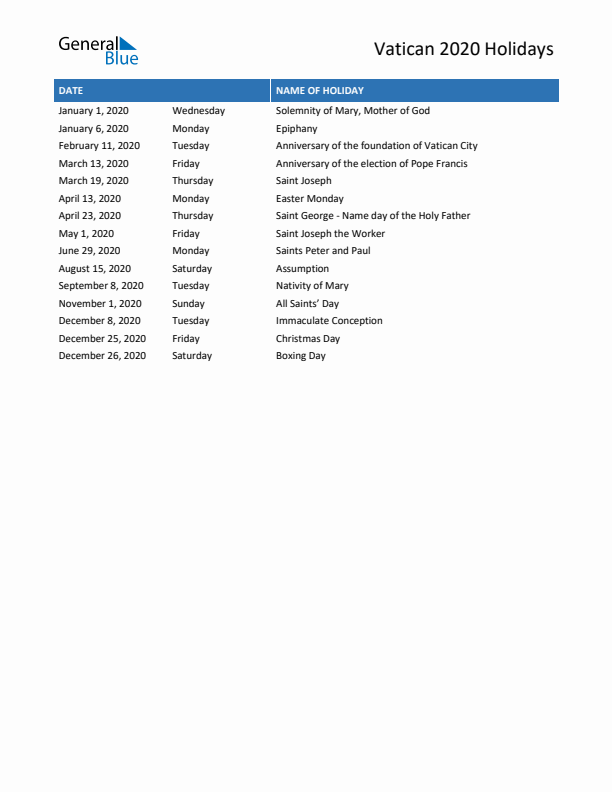 Free printable list of Vatican holidays for year 2020