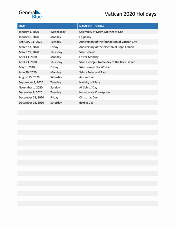 Free printable list of Vatican holidays for year 2020