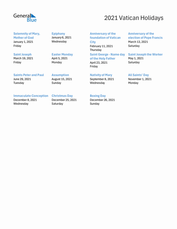 Free printable list of Vatican holidays for year 2021