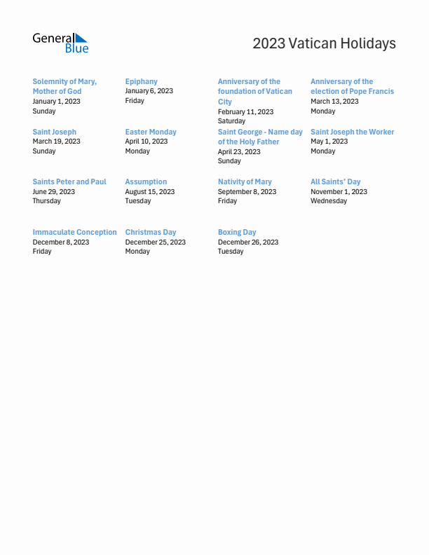 Free printable list of Vatican holidays for year 2023