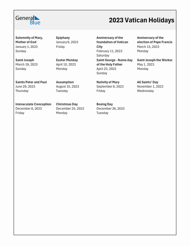 Free printable list of Vatican holidays for year 2023