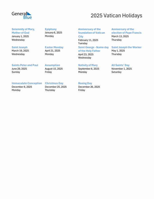 Free printable list of Vatican holidays for year 2025