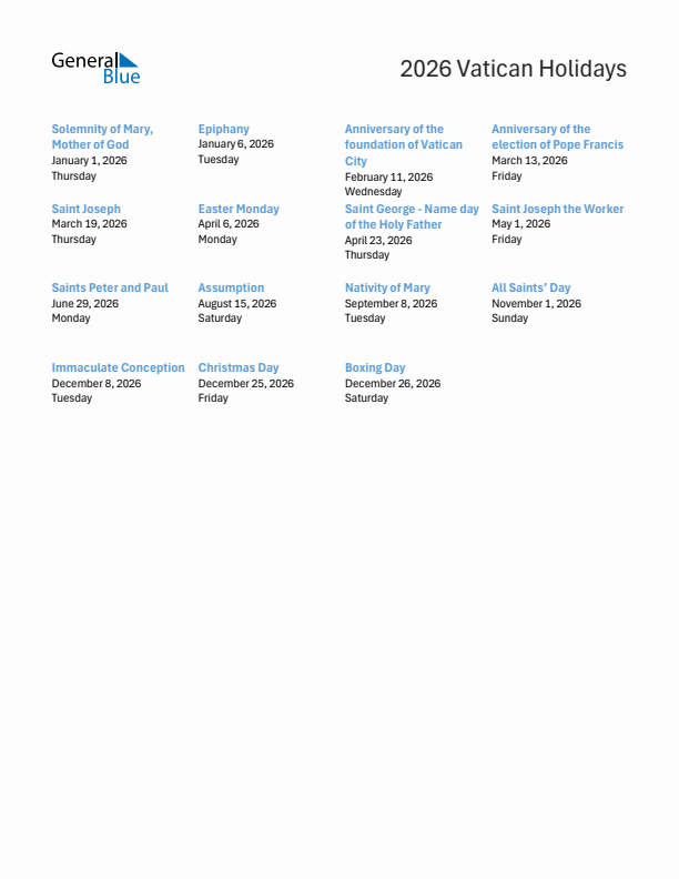 Free printable list of Vatican holidays for year 2026