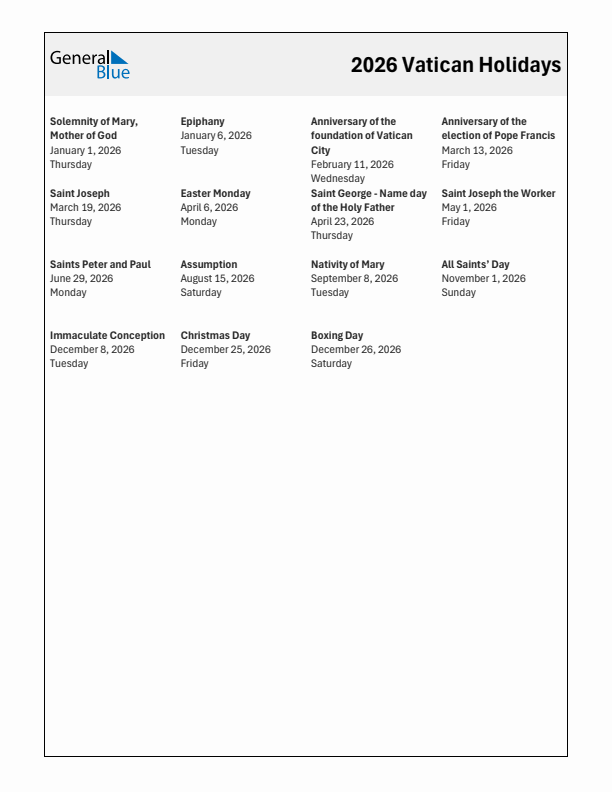 Free printable list of Vatican holidays for year 2026