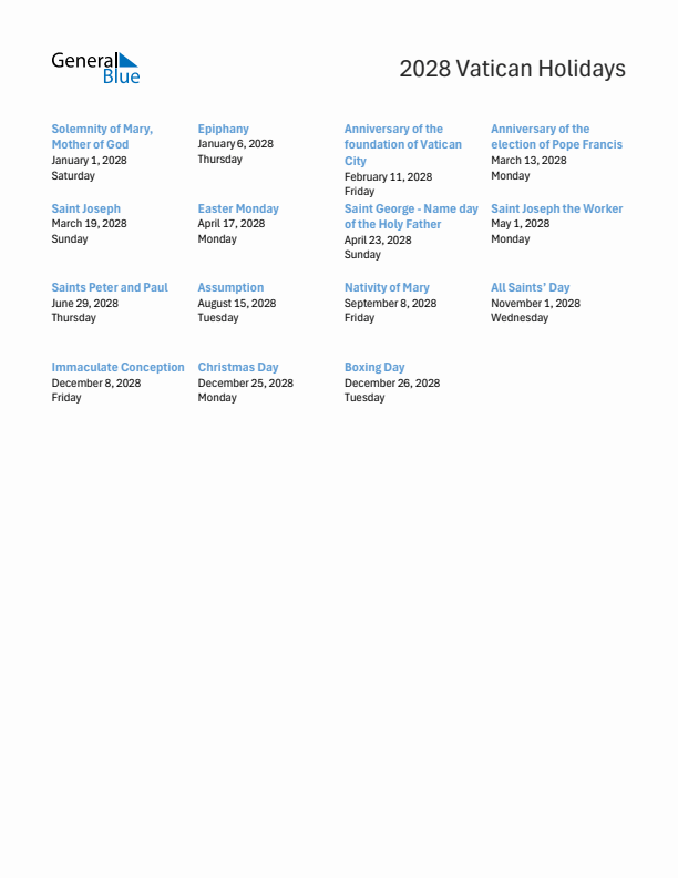 Free printable list of Vatican holidays for year 2028