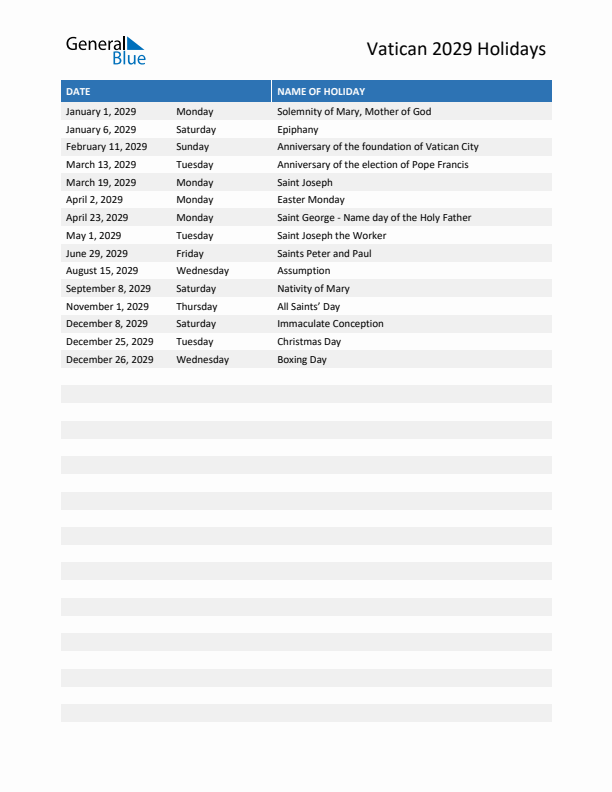 Free printable list of Vatican holidays for year 2029