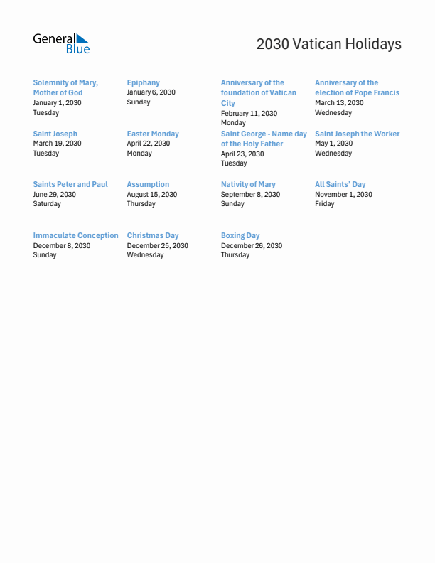 Free printable list of Vatican holidays for year 2030