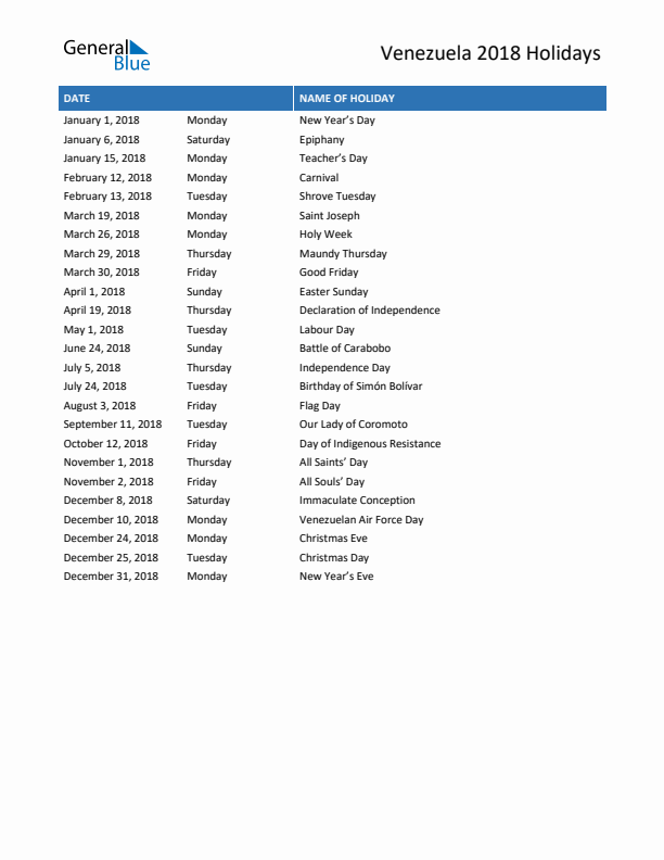 Free printable list of Venezuela holidays for year 2018