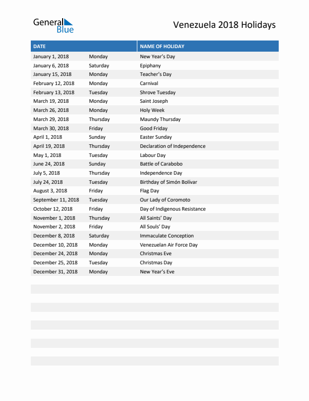 Free printable list of Venezuela holidays for year 2018