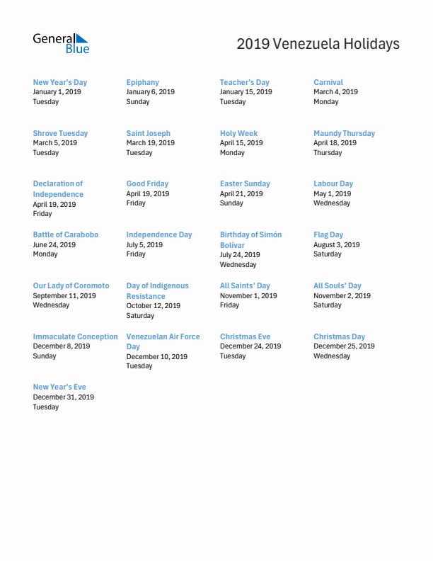 Free printable list of Venezuela holidays for year 2019