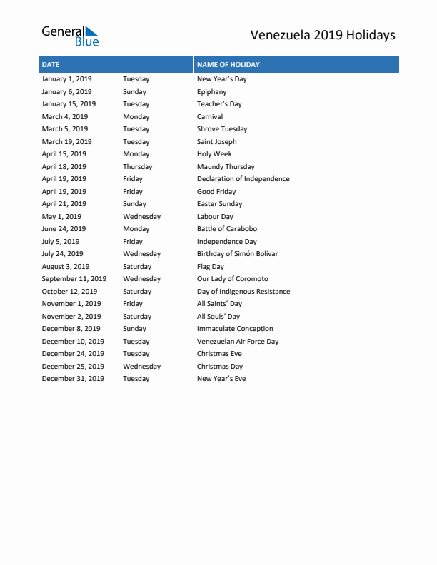 Free printable list of Venezuela holidays for year 2019