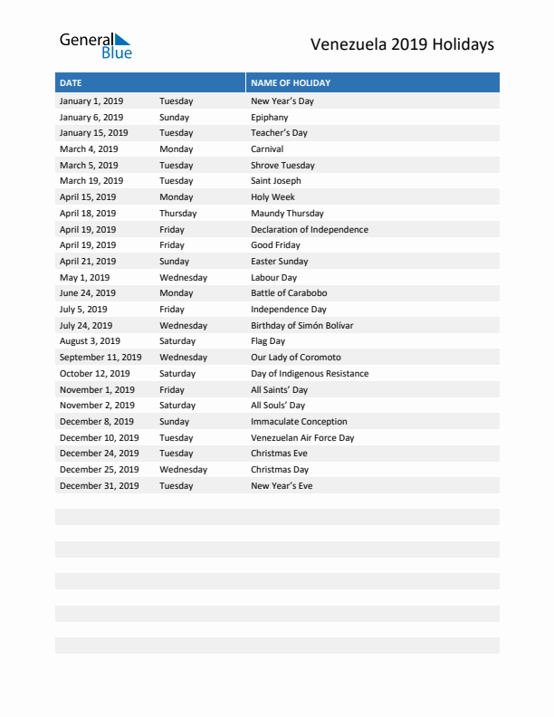 Free printable list of Venezuela holidays for year 2019