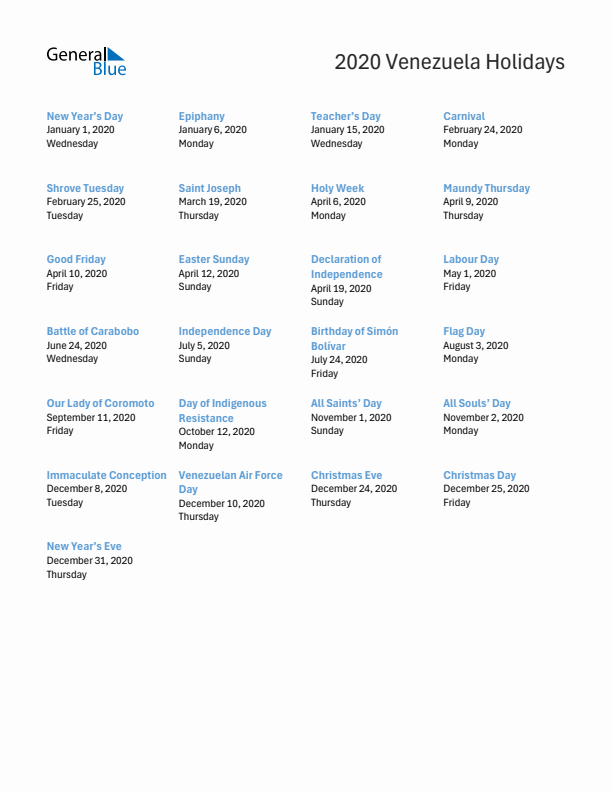 Free printable list of Venezuela holidays for year 2020