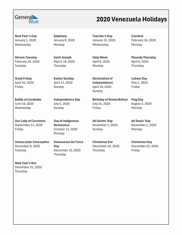 Free printable list of Venezuela holidays for year 2020