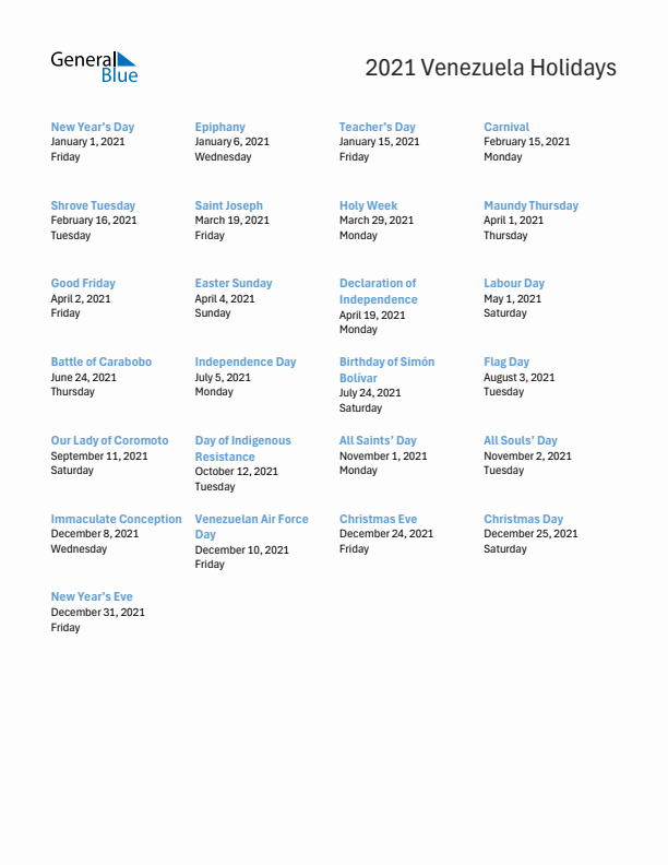 Free printable list of Venezuela holidays for year 2021