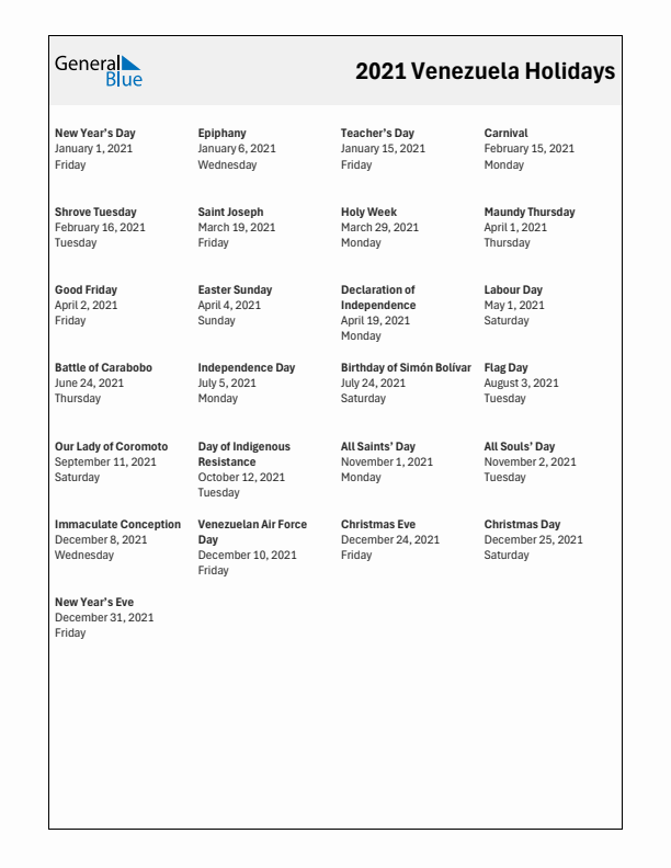 Free printable list of Venezuela holidays for year 2021