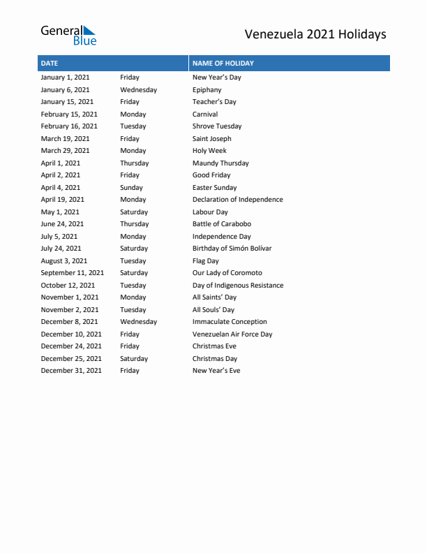 Free printable list of Venezuela holidays for year 2021