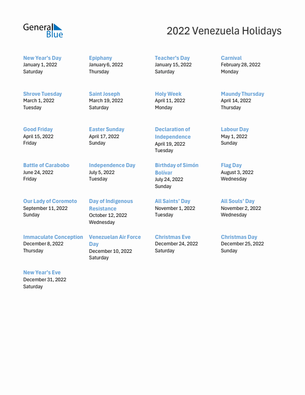 Free printable list of Venezuela holidays for year 2022