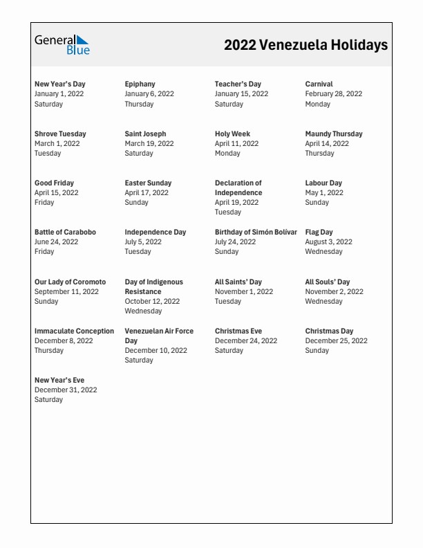 Free printable list of Venezuela holidays for year 2022