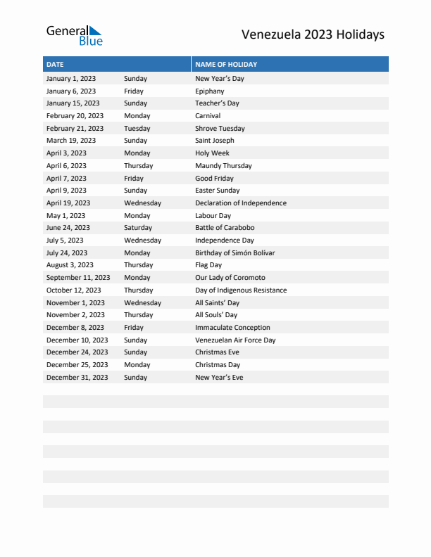 Free printable list of Venezuela holidays for year 2023