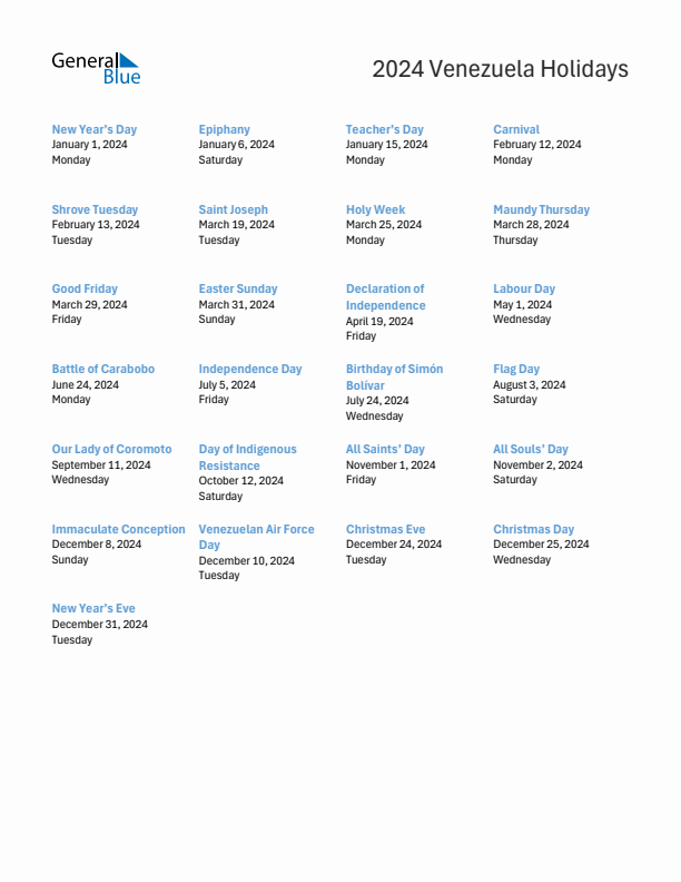 Free printable list of Venezuela holidays for year 2024