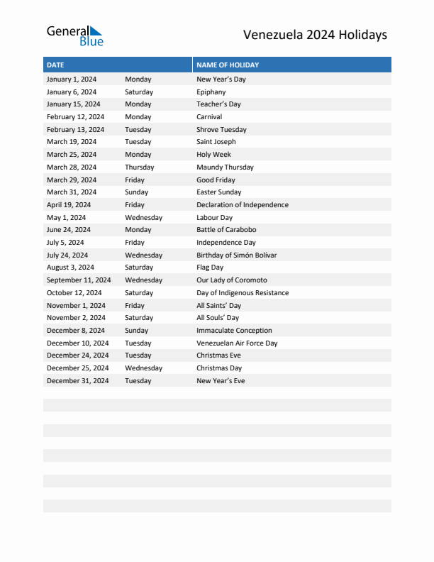 Free printable list of Venezuela holidays for year 2024