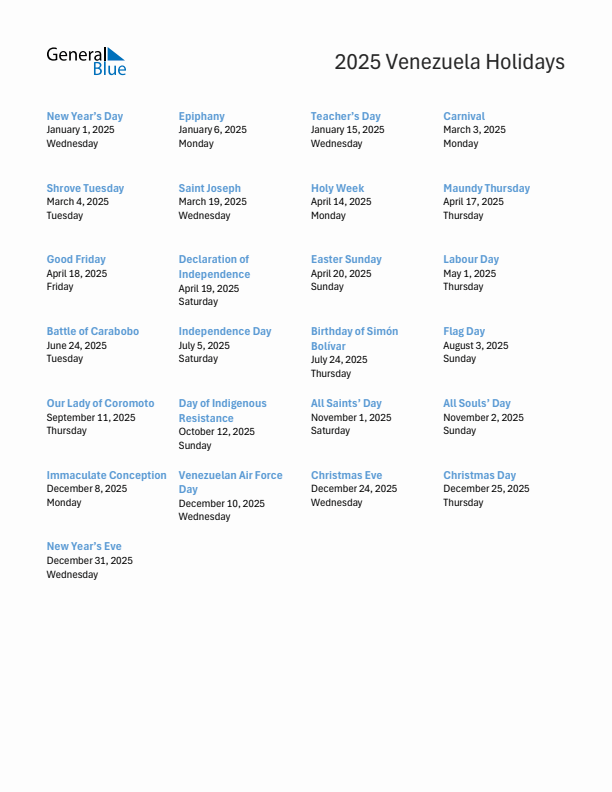 Free printable list of Venezuela holidays for year 2025