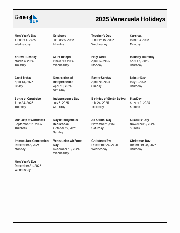 Free printable list of Venezuela holidays for year 2025