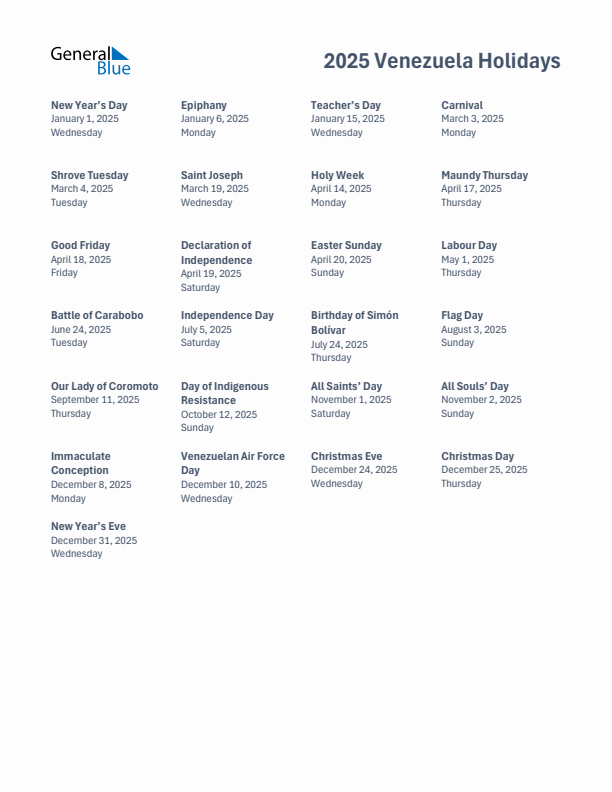 Free printable list of Venezuela holidays for year 2025