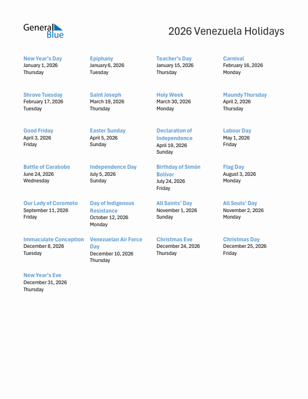 Free printable list of Venezuela holidays for year 2026