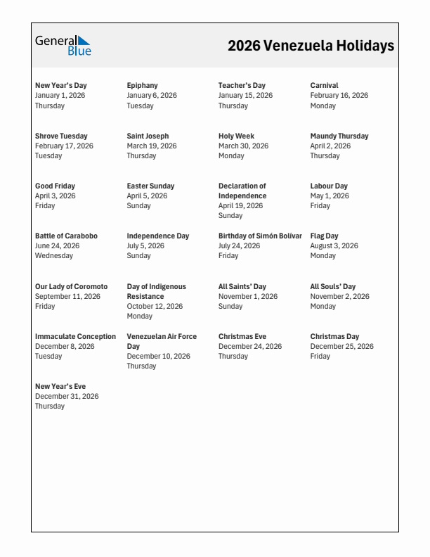 Free printable list of Venezuela holidays for year 2026