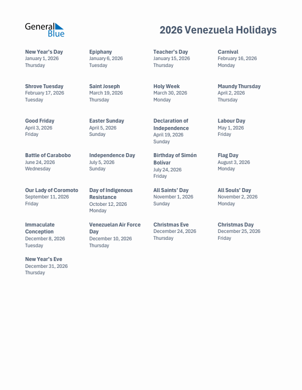 Free printable list of Venezuela holidays for year 2026