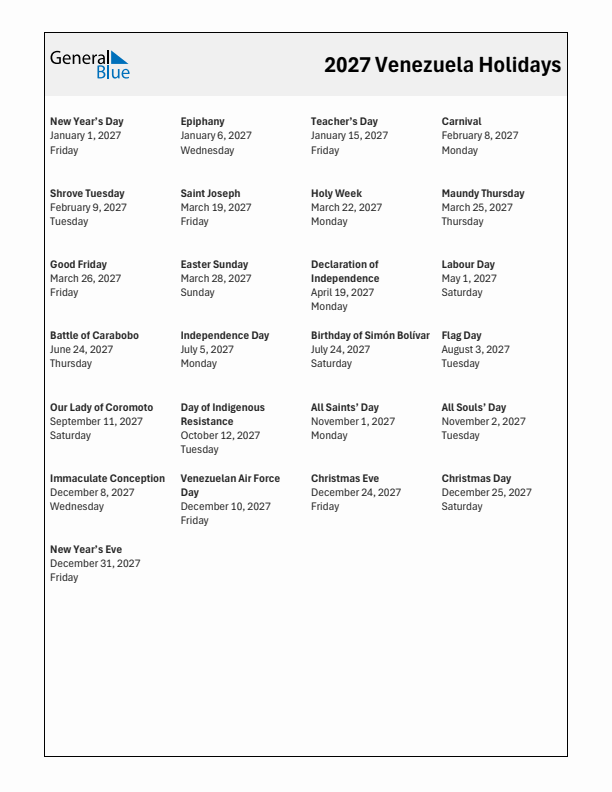 Free printable list of Venezuela holidays for year 2027