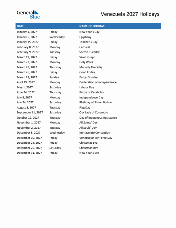 Free printable list of Venezuela holidays for year 2027