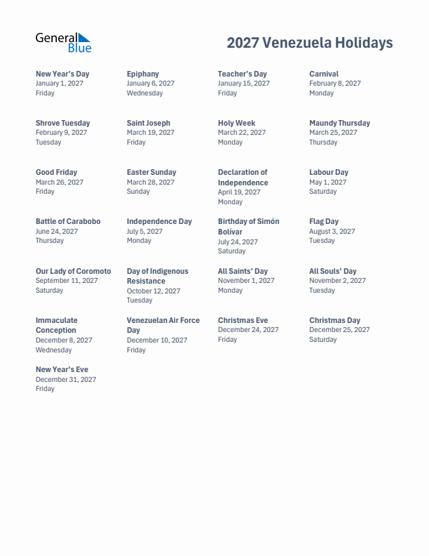 Free printable list of Venezuela holidays for year 2027