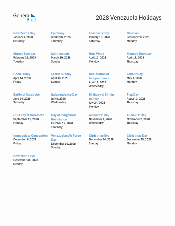 Free printable list of Venezuela holidays for year 2028