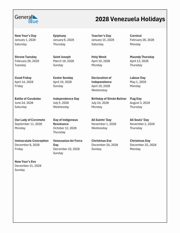 Free printable list of Venezuela holidays for year 2028