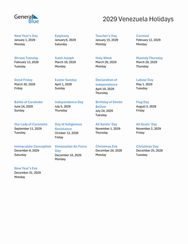 Free printable list of Venezuela holidays for year 2029