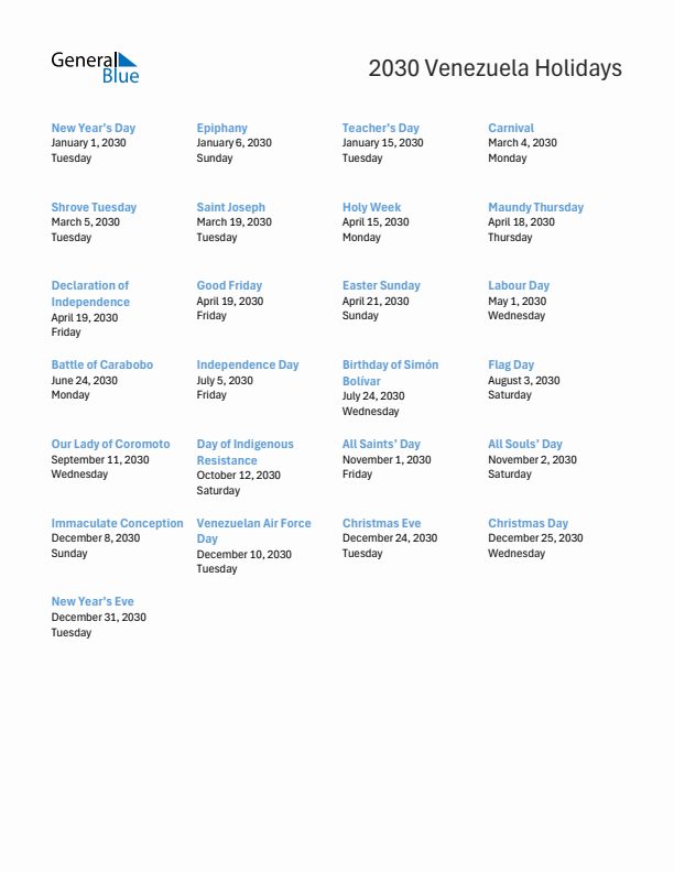 Free printable list of Venezuela holidays for year 2030