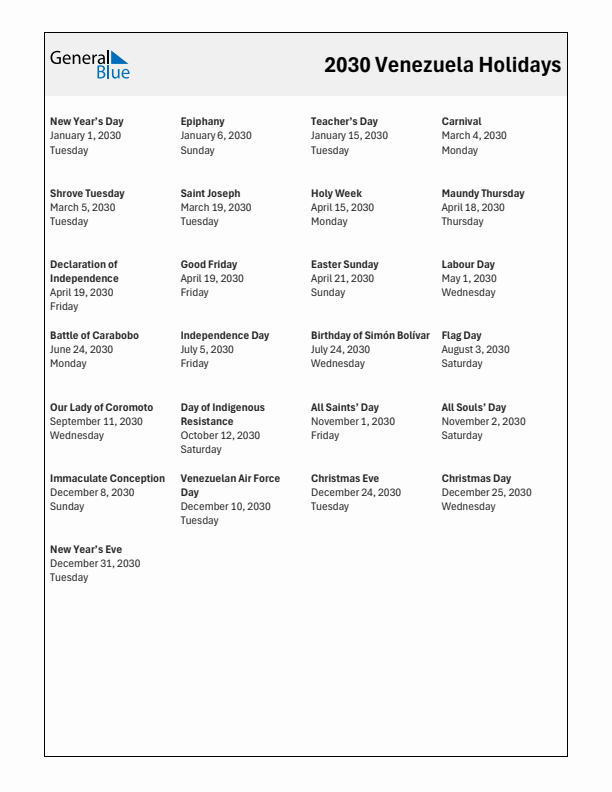 Free printable list of Venezuela holidays for year 2030