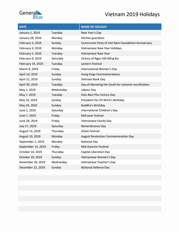 Free printable list of Vietnam holidays for year 2019